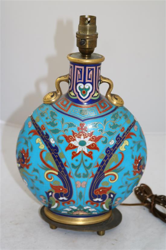 Christopher Dresser for Minton, c.1870. A cloisonne style moon flask, 26.5cm, later mounted as a lamp